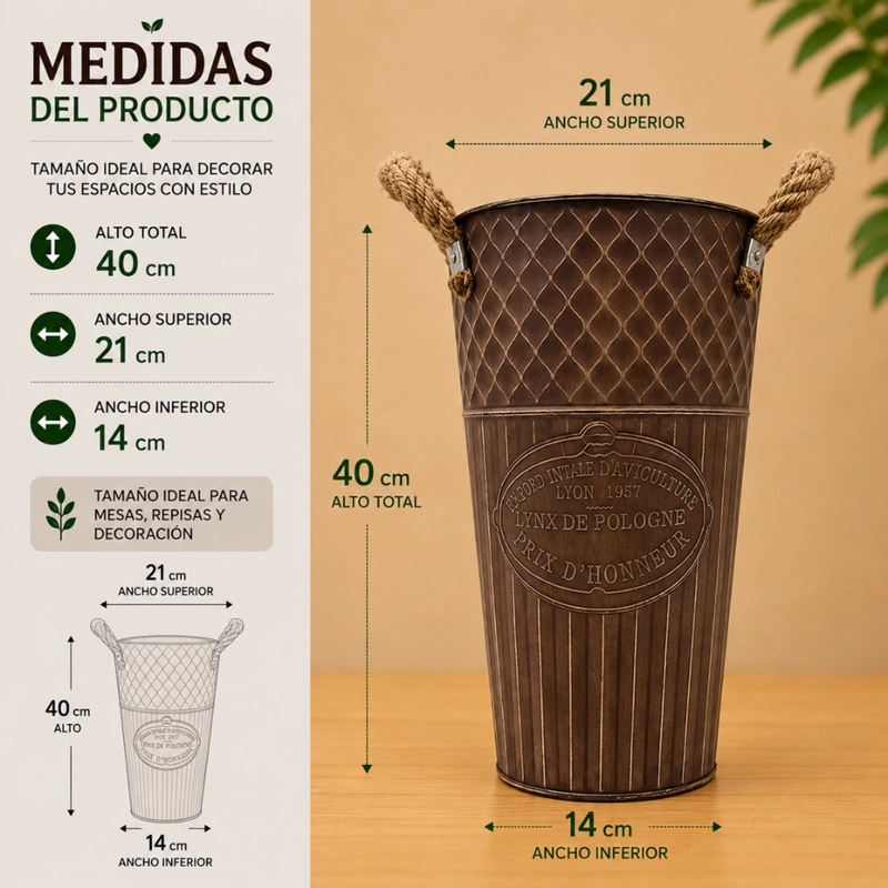 SET 2 MACETERO METALICO DECORATIVO CAFE VINTAGE FLORERO L - 7
