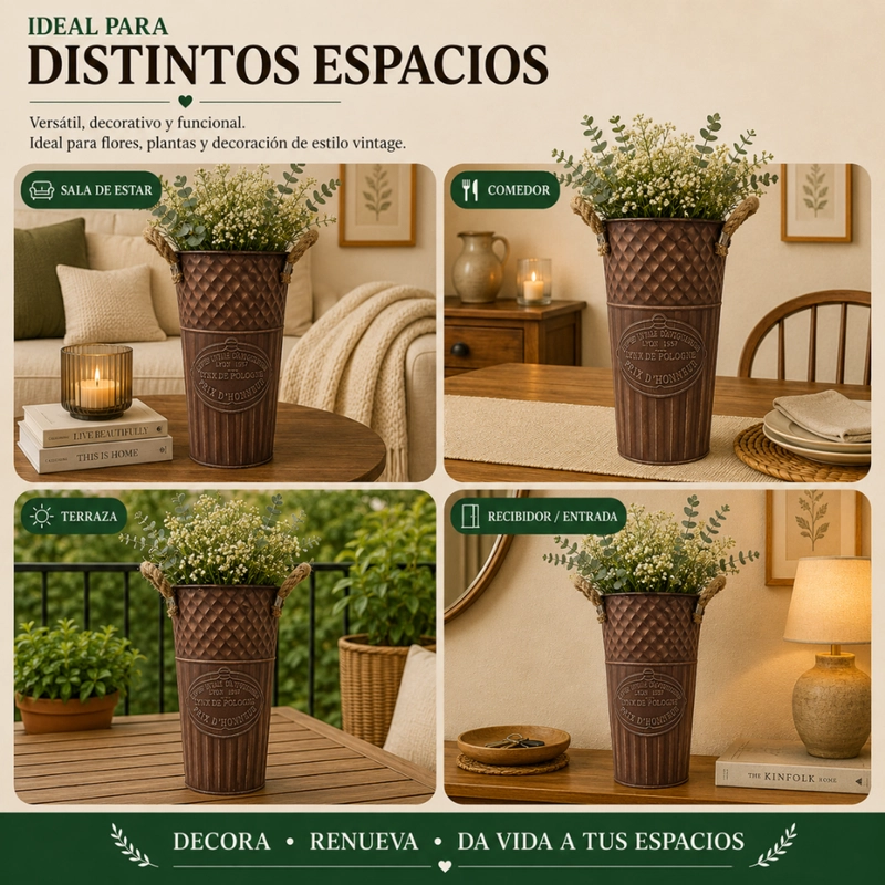 SET 2 MACETERO METALICO DECORATIVO CAFE VINTAGE FLORERO L - 8