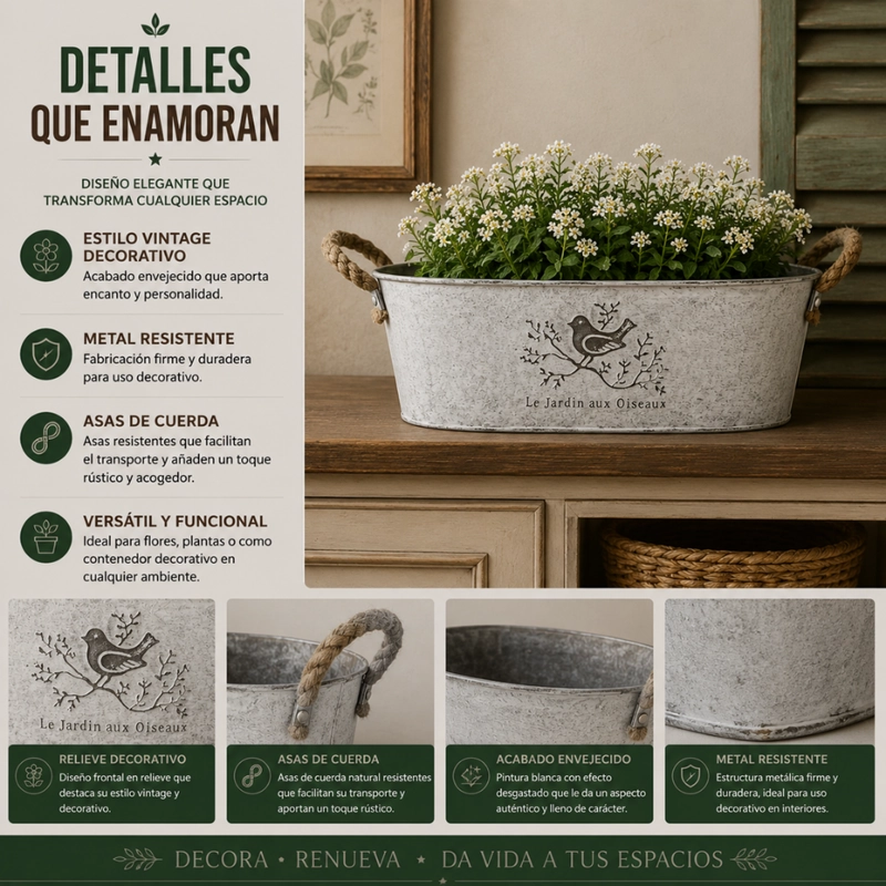 SET 2 MACETERO METALICO BLANCO OVALADO DECORATIVO CON ASAS S - 4