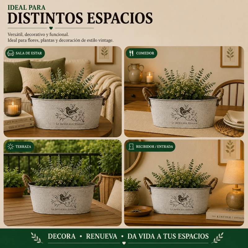 SET 2 MACETERO METALICO BLANCO OVALADO DECORATIVO CON ASAS S - 6