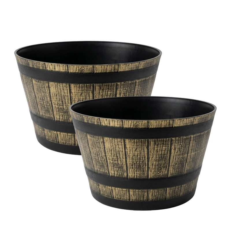 SET 2 MACETERO PLASTICO DISEÑO EFECTO BARRIL MACETA L - 1