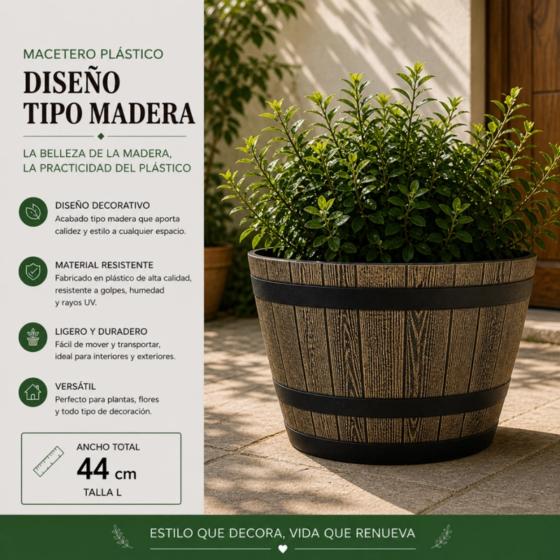 SET 2 MACETERO PLASTICO DISEÑO EFECTO BARRIL MACETA L - 5