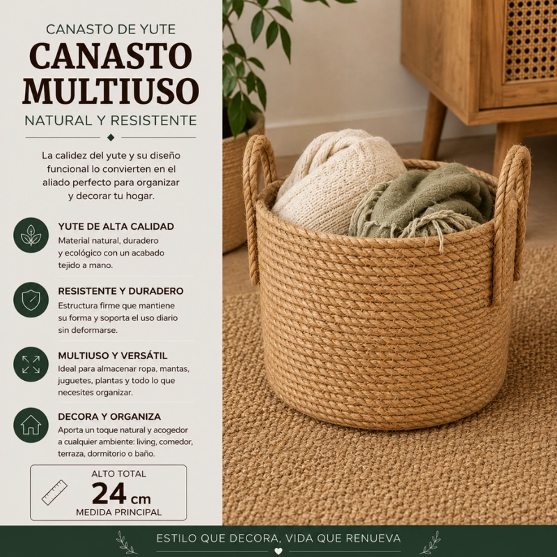 CANASTO CESTA DE YUTE TEJIDO ESTILO RUSTICO CON ASAS S - 5
