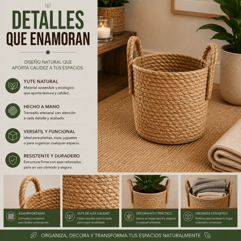 CANASTO CESTA DE YUTE TEJIDO ESTILO RUSTICO CON ASAS S - 8