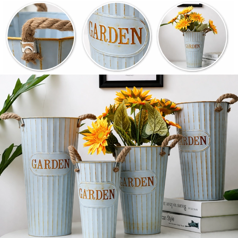 SET 3 MACETERO METALICO DECORATIVO CELESTE TIPO FLORERO S - 2