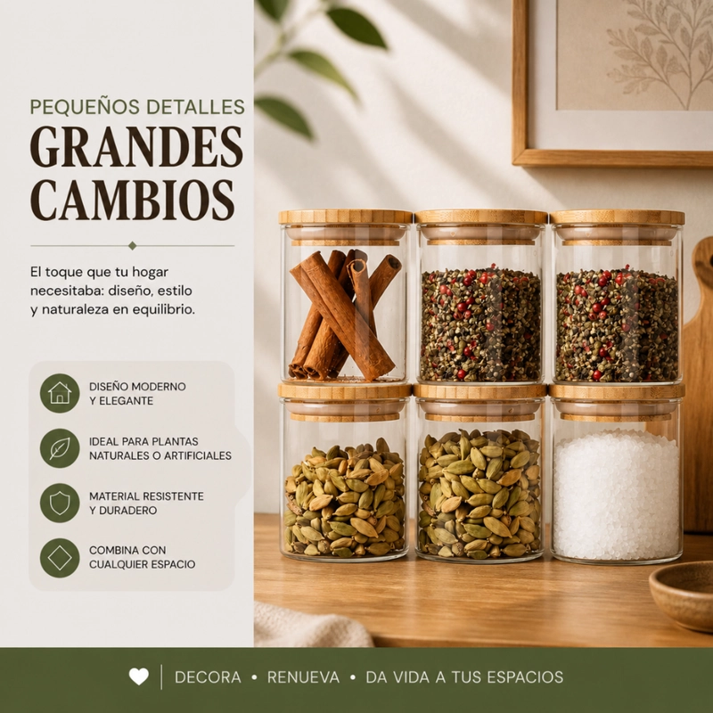 SET 6 FRASCOS DE ESPECIAS CONDIMENTOS CON TAPA BAMBU COCINA - 2