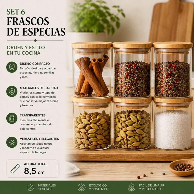 SET 6 FRASCOS DE ESPECIAS CONDIMENTOS CON TAPA BAMBU COCINA - 3