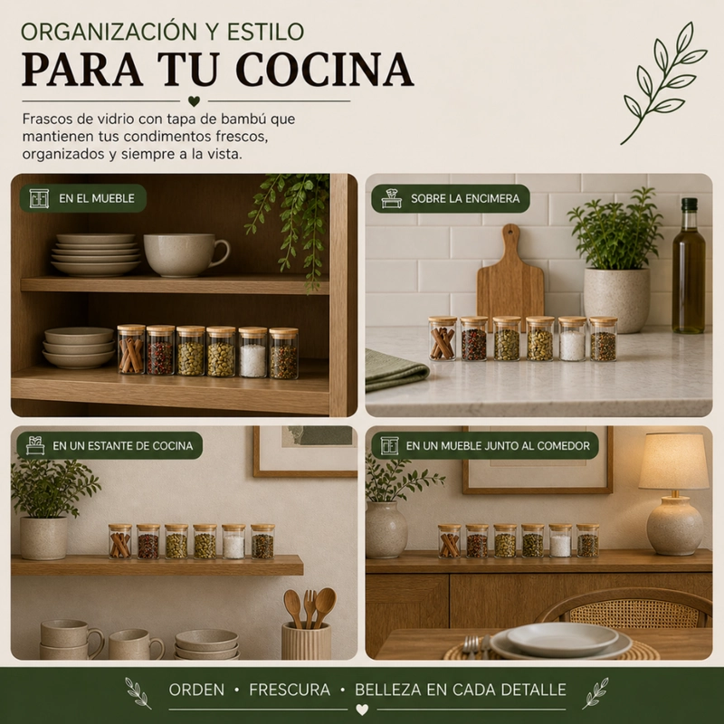 SET 6 FRASCOS DE ESPECIAS CONDIMENTOS CON TAPA BAMBU COCINA - 4