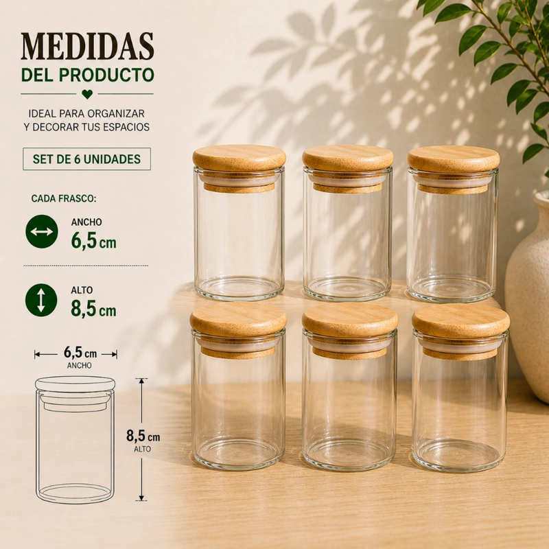 SET 6 FRASCOS DE ESPECIAS CONDIMENTOS CON TAPA BAMBU COCINA - 5