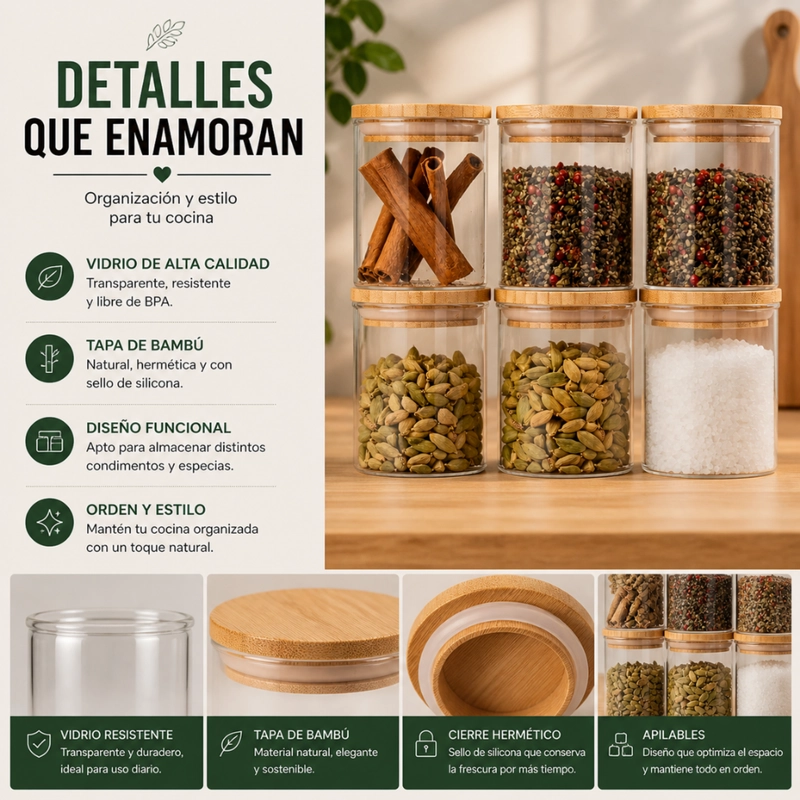 SET 6 FRASCOS DE ESPECIAS CONDIMENTOS CON TAPA BAMBU COCINA - 6
