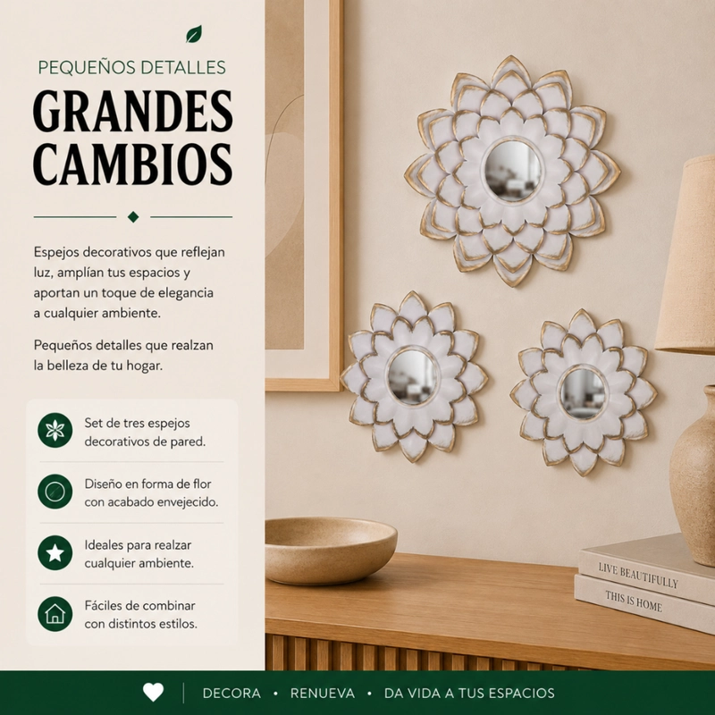 SET 3 MARCOS DE ESPEJOS FLOR DE LOTO BLANCO DECO GRANDE - 4
