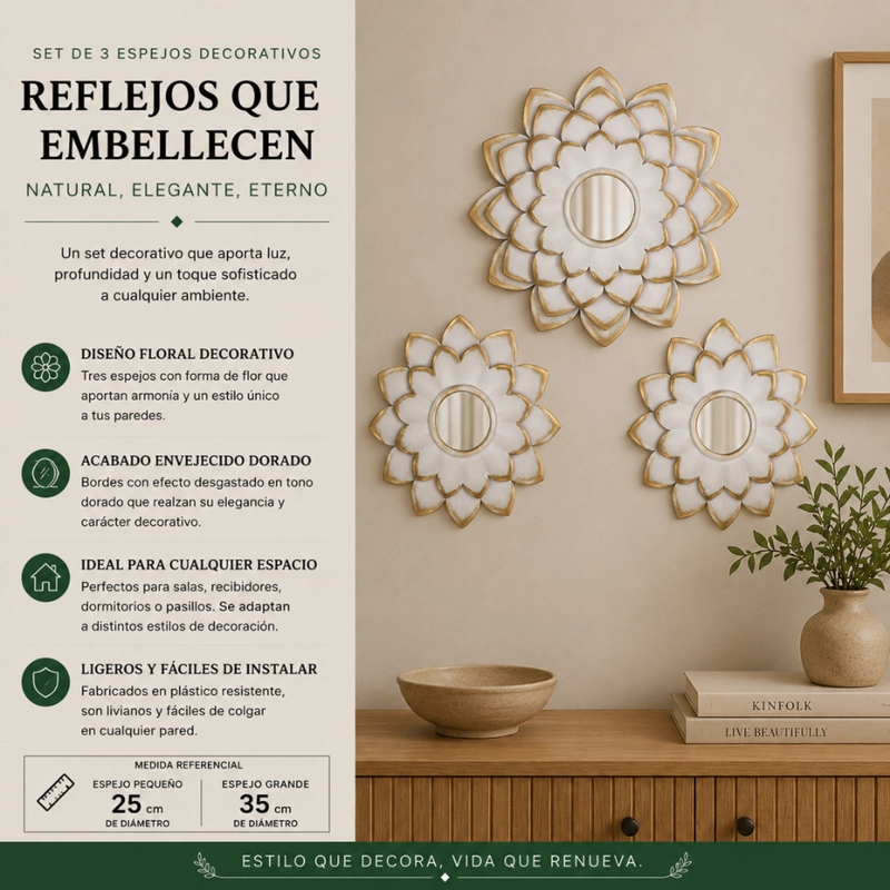 SET 3 MARCOS DE ESPEJOS FLOR DE LOTO BLANCO DECO GRANDE - 5