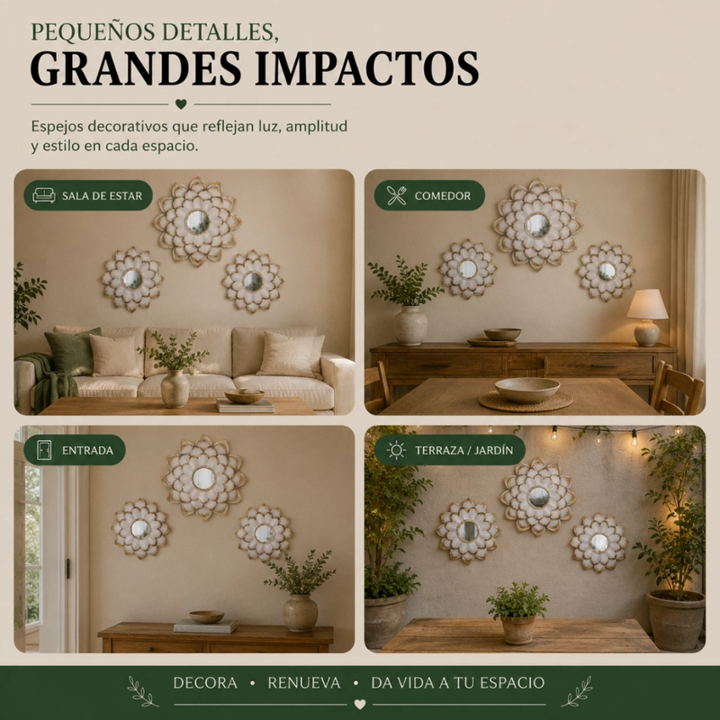 SET 3 MARCOS DE ESPEJOS FLOR DE LOTO BLANCO DECO GRANDE - 6