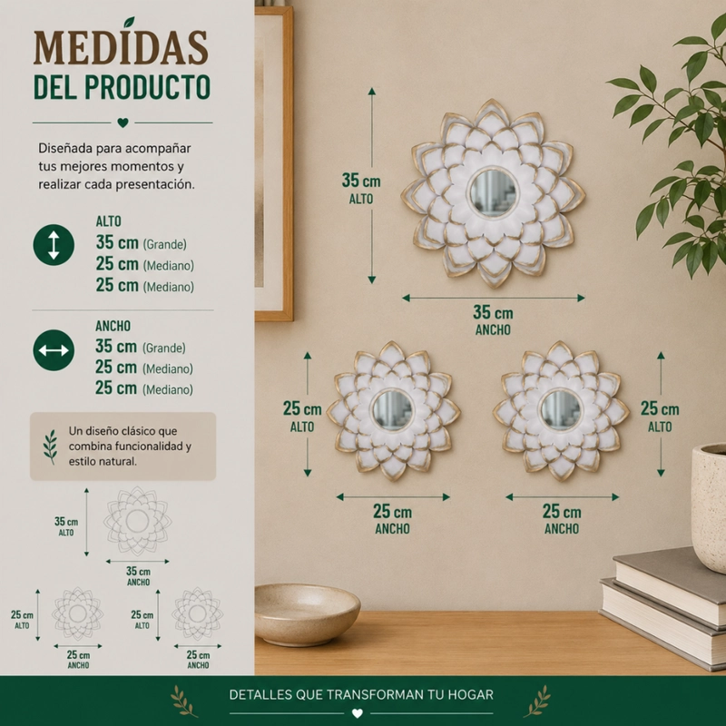 SET 3 MARCOS DE ESPEJOS FLOR DE LOTO BLANCO DECO GRANDE - 7