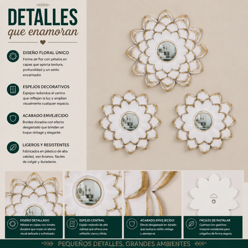 SET 3 MARCOS DE ESPEJOS FLOR DE LOTO BLANCO DECO GRANDE - 8