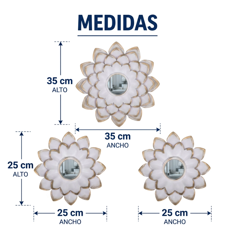 SET 3 MARCOS DE ESPEJOS FLOR DE LOTO BLANCO DECO GRANDE - 9
