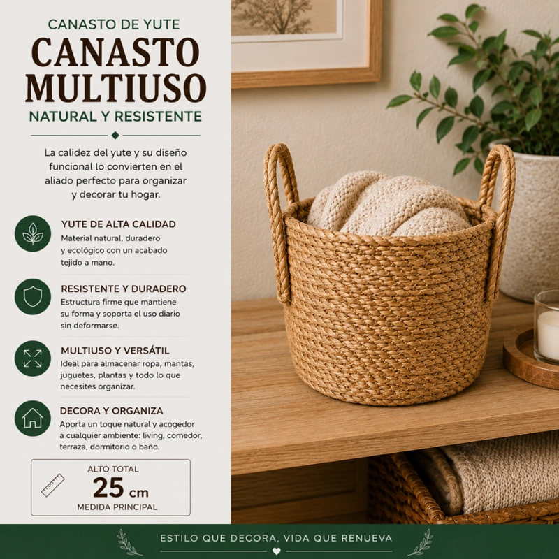 CANASTO CESTA DE YUTE TEJIDO ESTILO RUSTICO CON ASAS M - 6