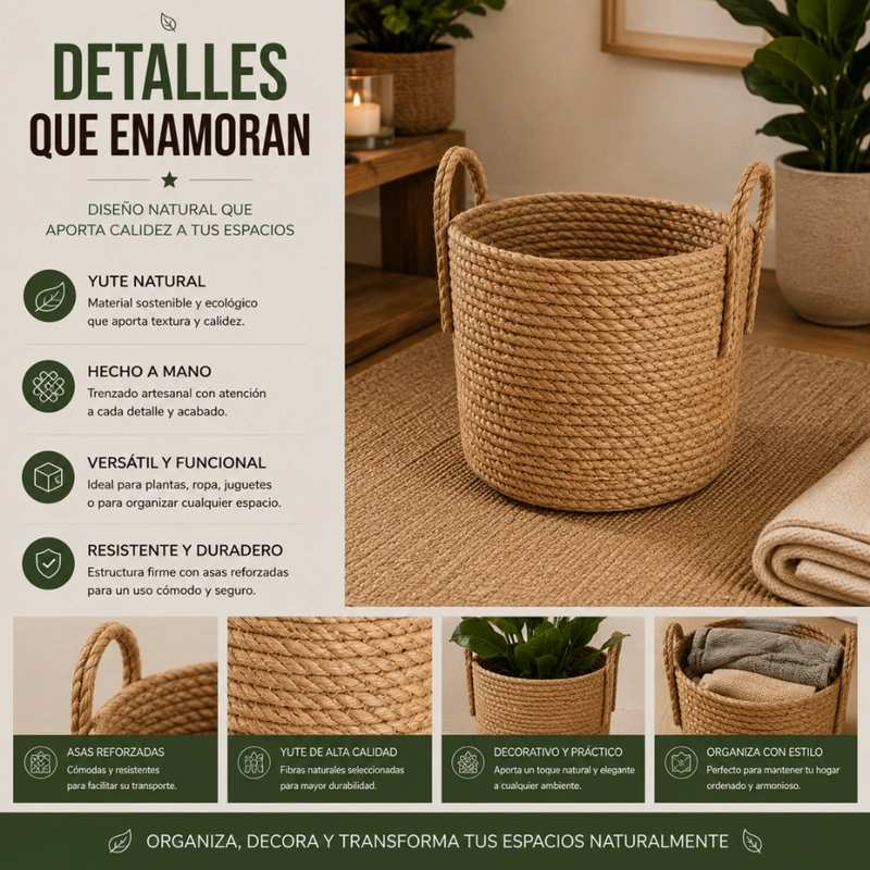 CANASTO CESTA DE YUTE TEJIDO ESTILO RUSTICO CON ASAS M - 9