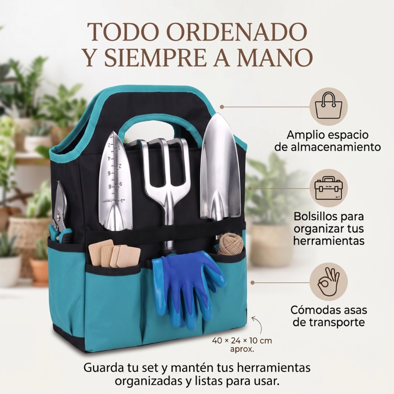 KIT HERRAMIENTAS JARDINERIA CON BOLSO GUANTES Y ACCESORIOS - 4
