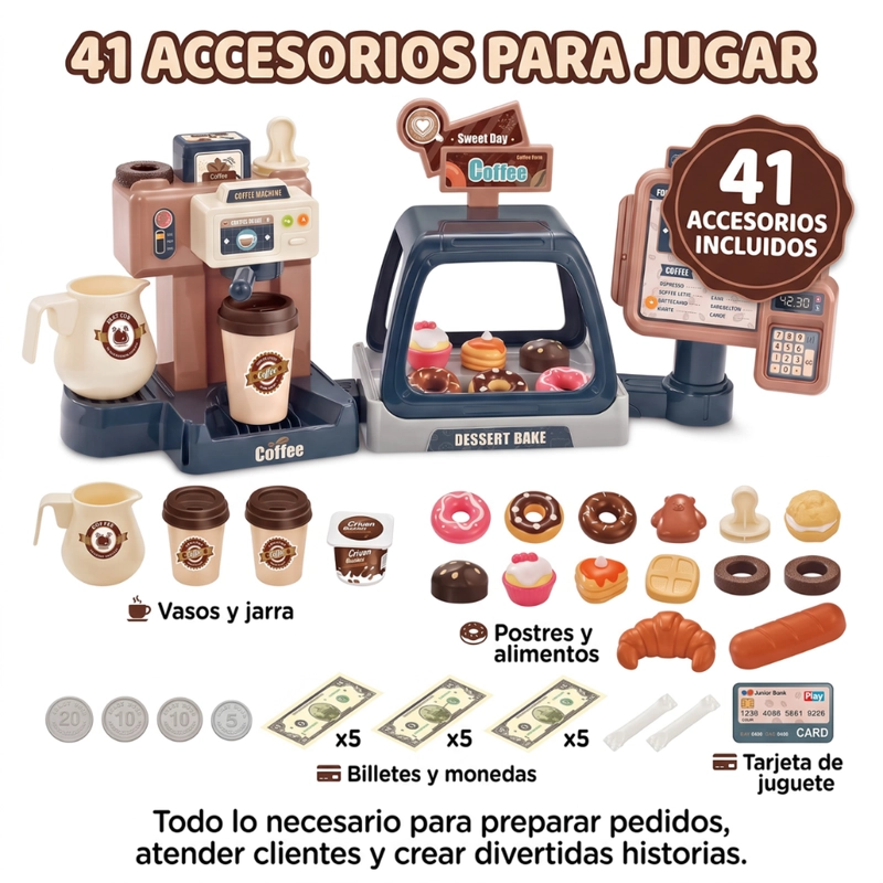 CAFETERIA INFANTIL CON CAJA CAFE Y ACCESORIOS JUEGO DE ROLES - 6