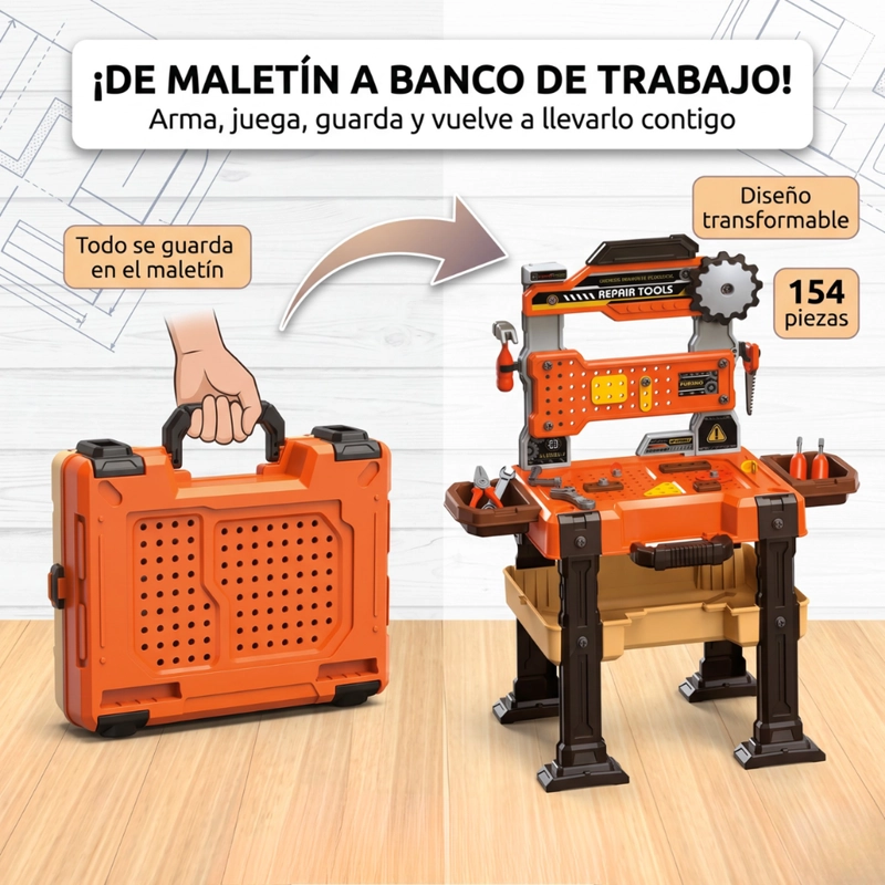 MESA DE HERRAMIENTAS INFANTIL MALETIN 154 PIEZAS CON ACCESORIOS - 3