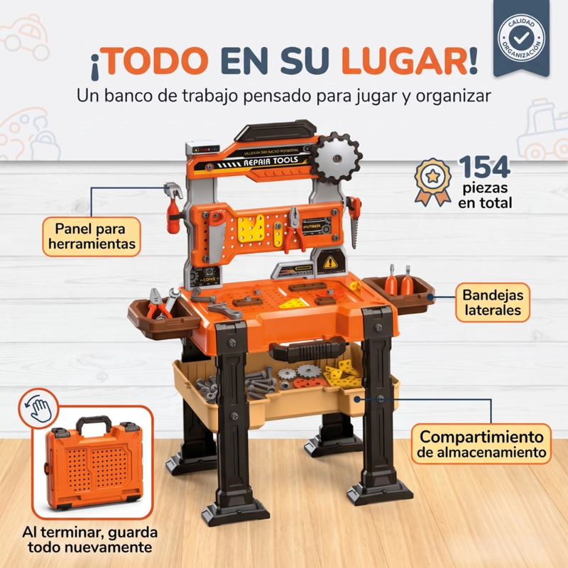 MESA DE HERRAMIENTAS INFANTIL MALETIN 154 PIEZAS CON ACCESORIOS - 4