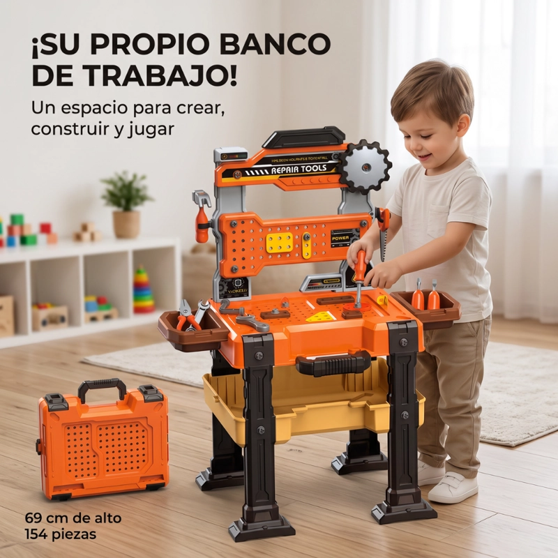 MESA DE HERRAMIENTAS INFANTIL MALETIN 154 PIEZAS CON ACCESORIOS - 6