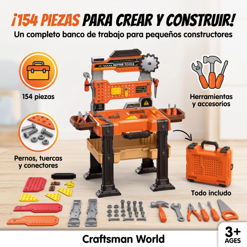 MESA DE HERRAMIENTAS INFANTIL MALETIN 154 PIEZAS CON ACCESORIOS - 7