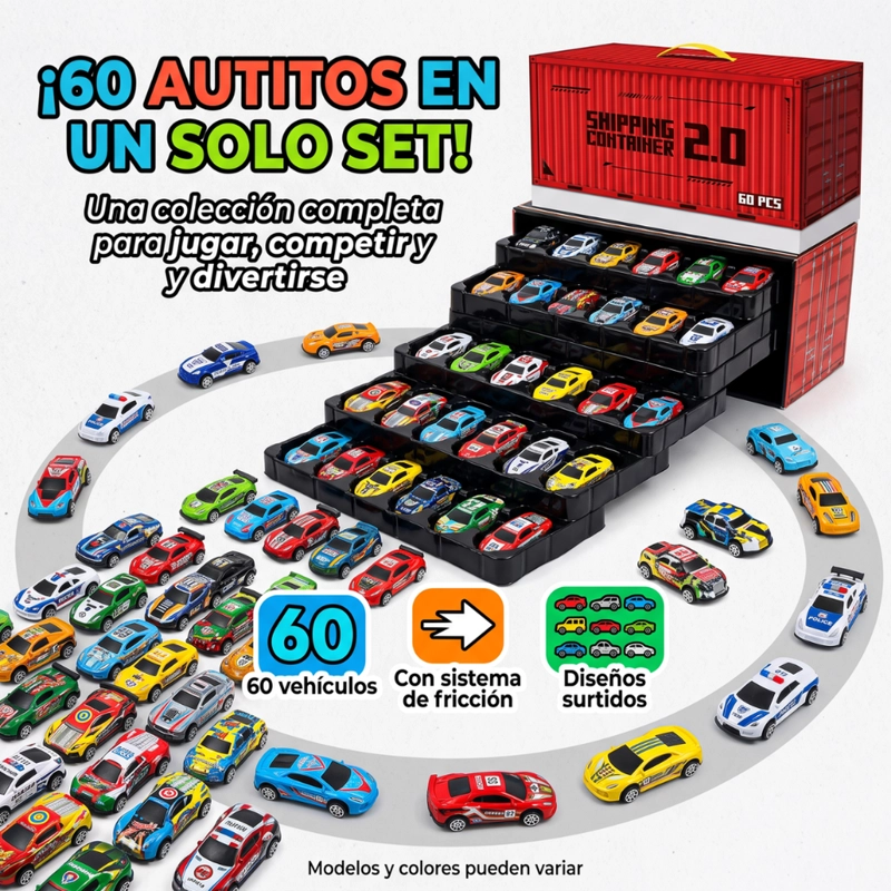 SET 60 AUTITOS CON CONTENEDOR MALETIN Y PISTA DE JUEGO INFANTIL - 4