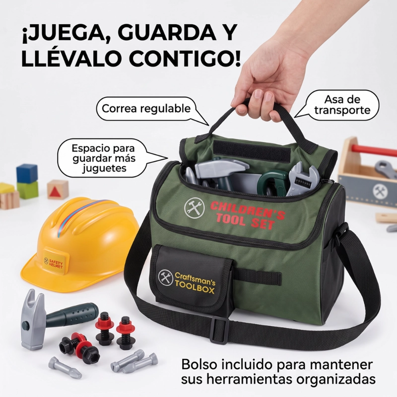BOLSO HERRAMIENTAS INFANTIL REALISTA JUEGO CONSTRUCTOR CON ACCESORIOS - 7