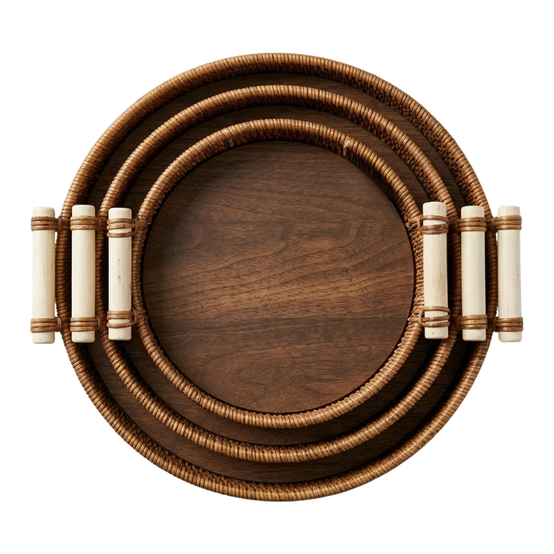 SET 3 CESTAS BANDEJAS DECORATIVAS TIPO RATAN MADERA HOGAR - 1