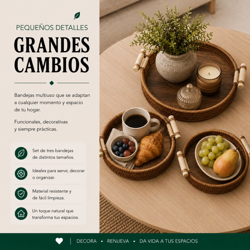 SET 3 CESTAS BANDEJAS DECORATIVAS TIPO RATAN MADERA HOGAR - 4