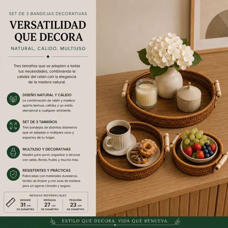 SET 3 CESTAS BANDEJAS DECORATIVAS TIPO RATAN MADERA HOGAR - 5