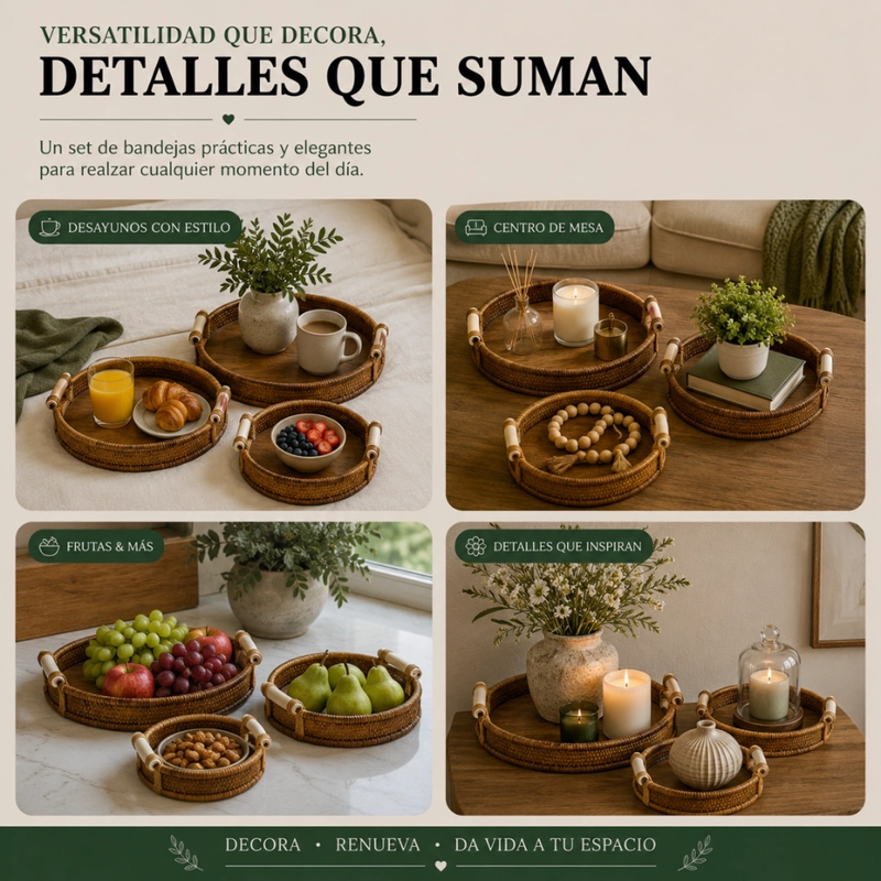 SET 3 CESTAS BANDEJAS DECORATIVAS TIPO RATAN MADERA HOGAR - 6