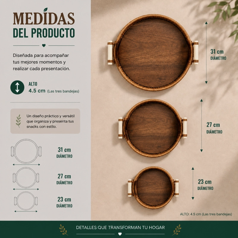SET 3 CESTAS BANDEJAS DECORATIVAS TIPO RATAN MADERA HOGAR - 7