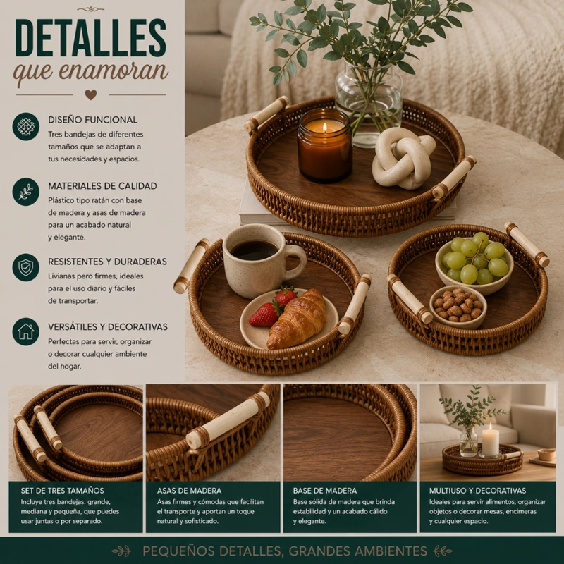 SET 3 CESTAS BANDEJAS DECORATIVAS TIPO RATAN MADERA HOGAR - 8