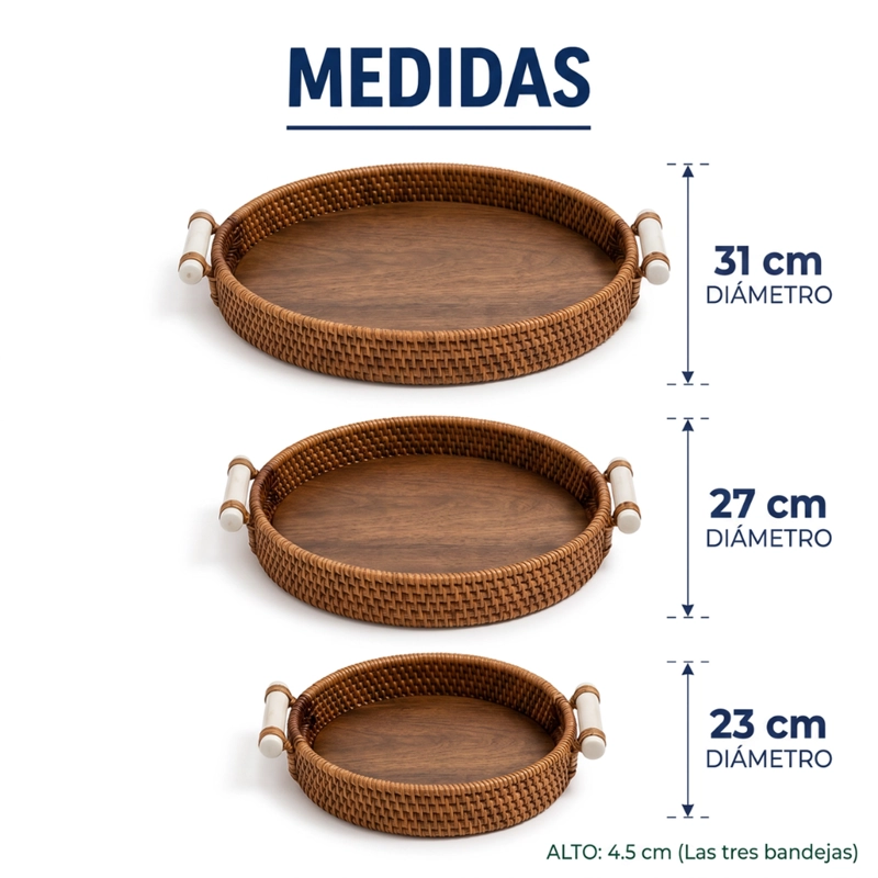 SET 3 CESTAS BANDEJAS DECORATIVAS TIPO RATAN MADERA HOGAR - 9