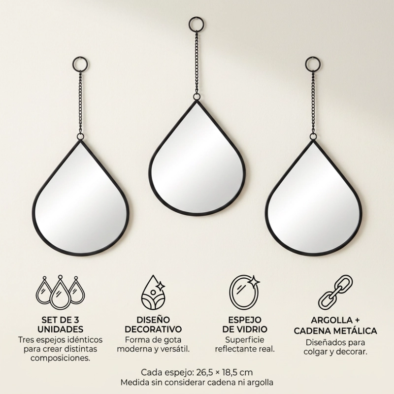 SET 3 ESPEJOS FORMA GOTA PARA PARED DECORATIVOS CON MARCO - 6