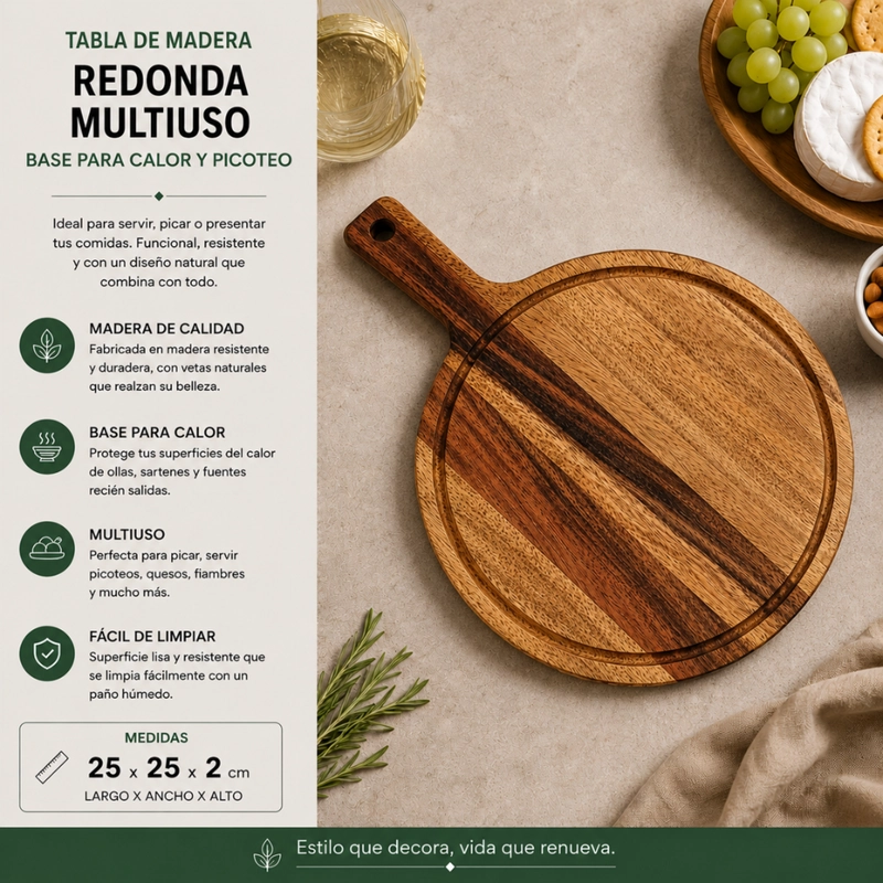 SET 2 TABLA DE MADERA REDONDA MULTIUSO BASE CALOR PICOTEO S - 5