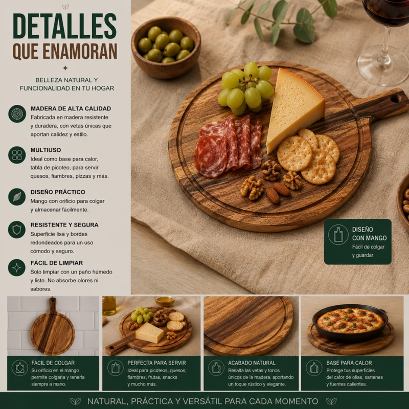SET 2 TABLA DE MADERA REDONDA MULTIUSO BASE CALOR PICOTEO S - 8