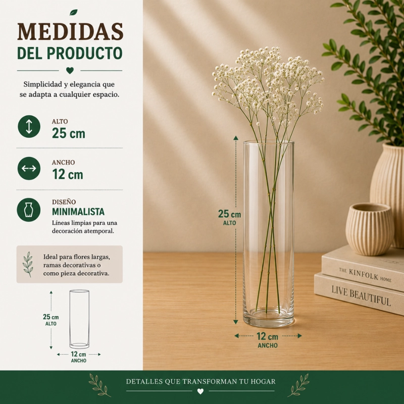 FLORERO DE VIDRIO ALTO CILINDRICO TRANSPARENTE HOGAR S 25 CM - 7