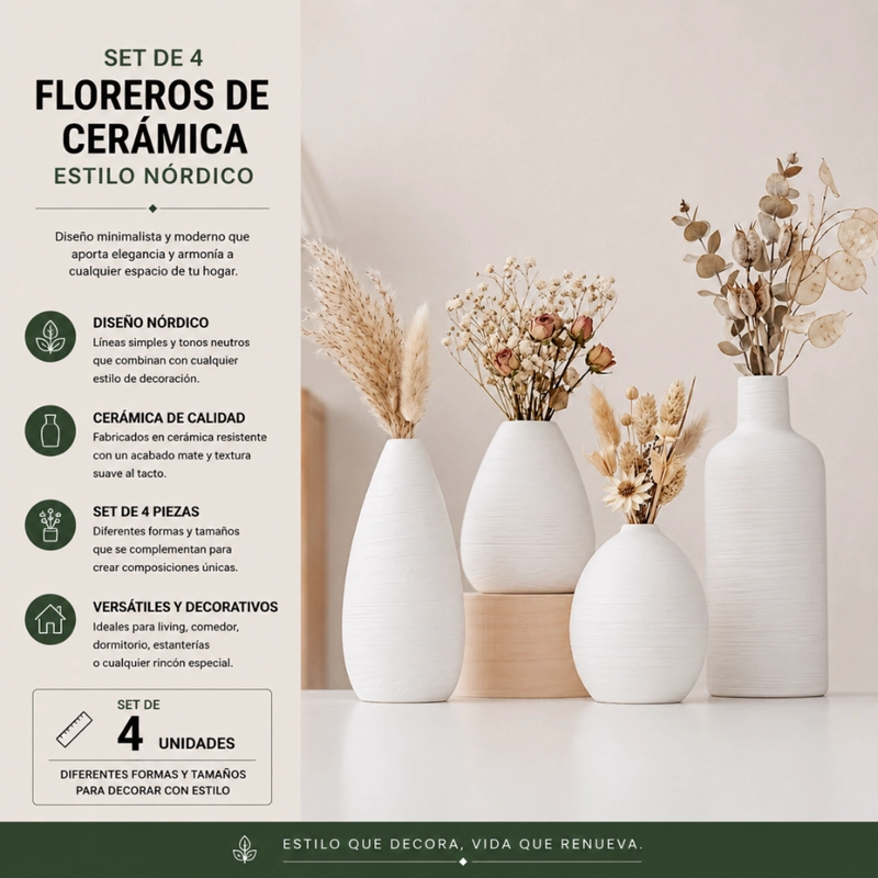 SET 4 FLOREROS DE CERAMICA DECORATIVOS ESTILO NORDICO HOGAR - 6