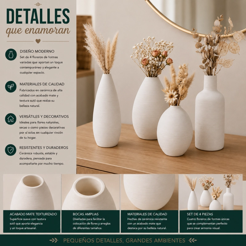 SET 4 FLOREROS DE CERAMICA DECORATIVOS ESTILO NORDICO HOGAR - 9