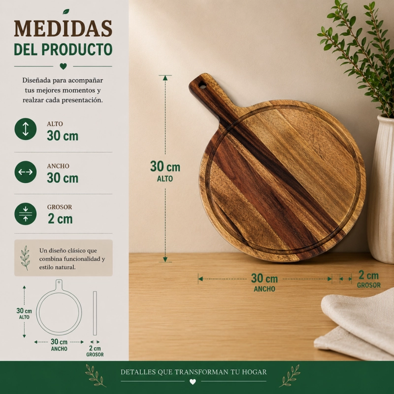 SET 2 TABLA DE MADERA REDONDA MULTIUSO BASE CALOR PICOTEO M - 7
