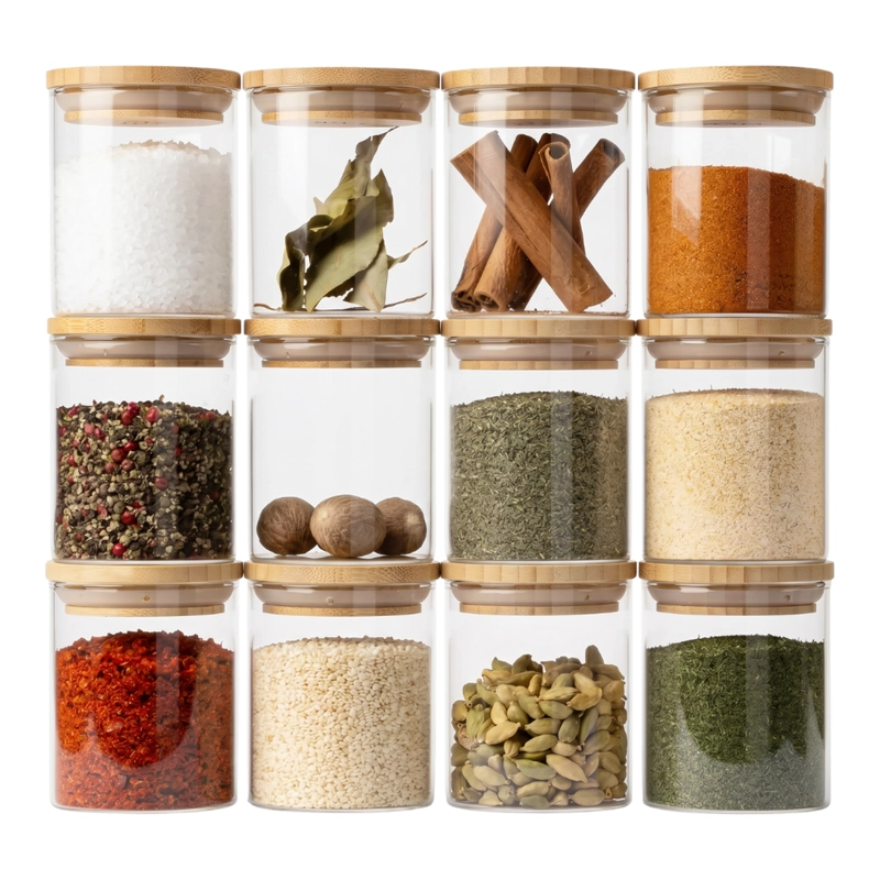 SET 12 FRASCOS DE ESPECIAS CONDIMENTOS CON TAPA BAMBU COCINA - 1