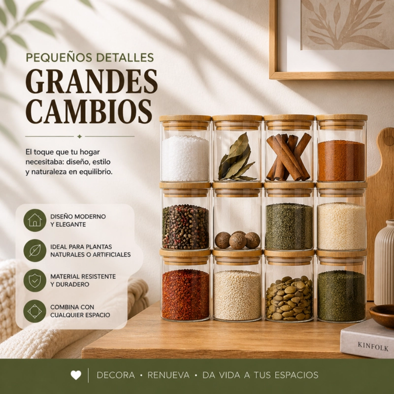SET 12 FRASCOS DE ESPECIAS CONDIMENTOS CON TAPA BAMBU COCINA - 4