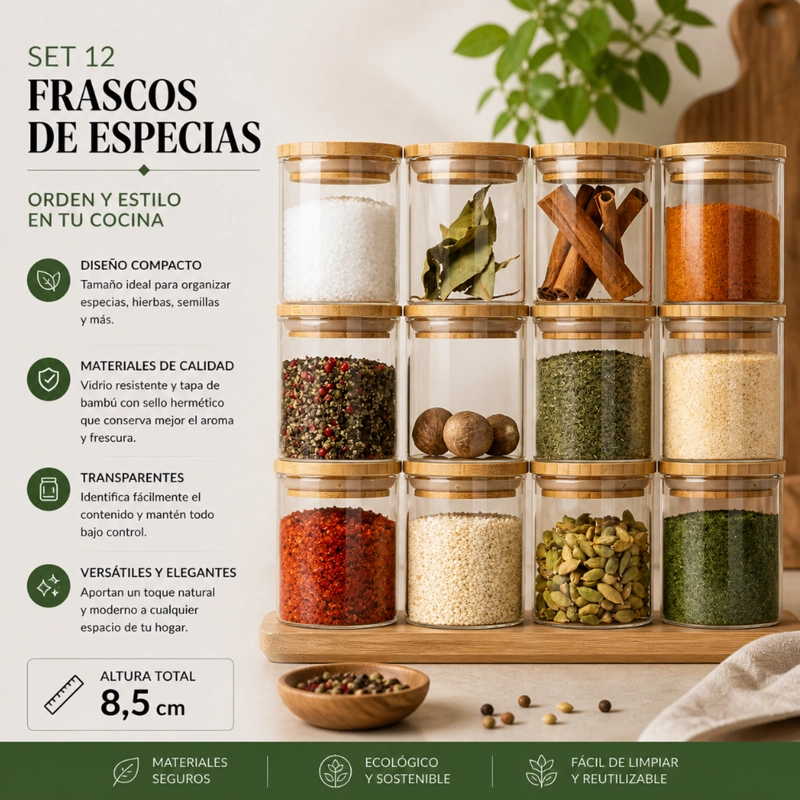 SET 12 FRASCOS DE ESPECIAS CONDIMENTOS CON TAPA BAMBU COCINA - 5