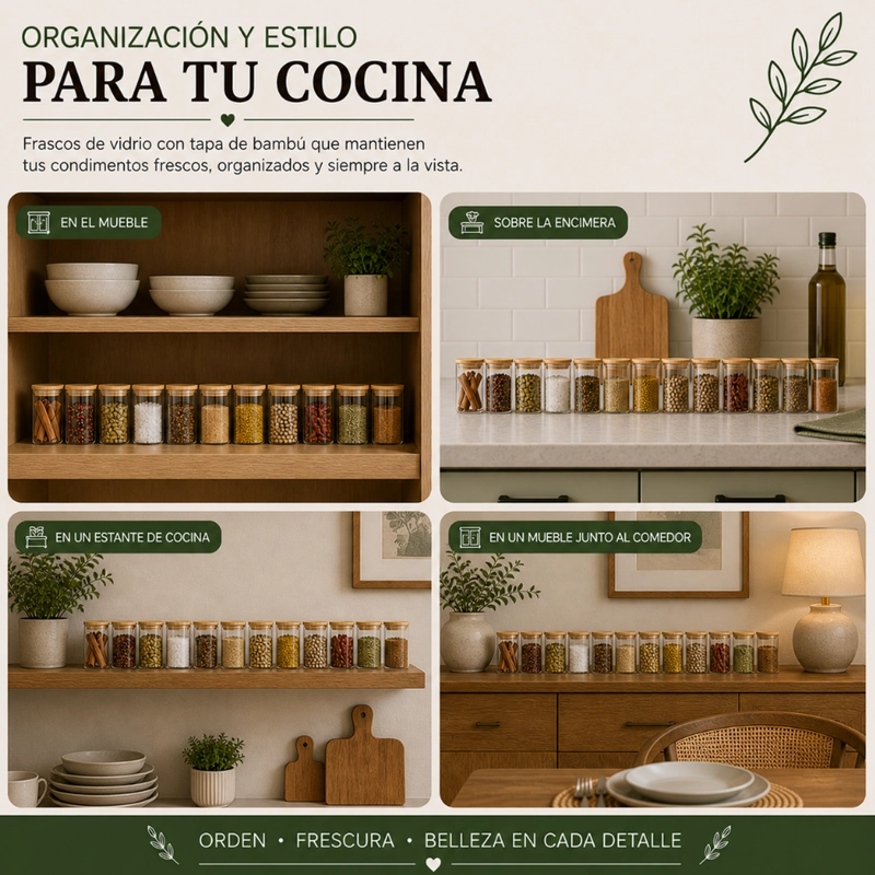SET 12 FRASCOS DE ESPECIAS CONDIMENTOS CON TAPA BAMBU COCINA - 6