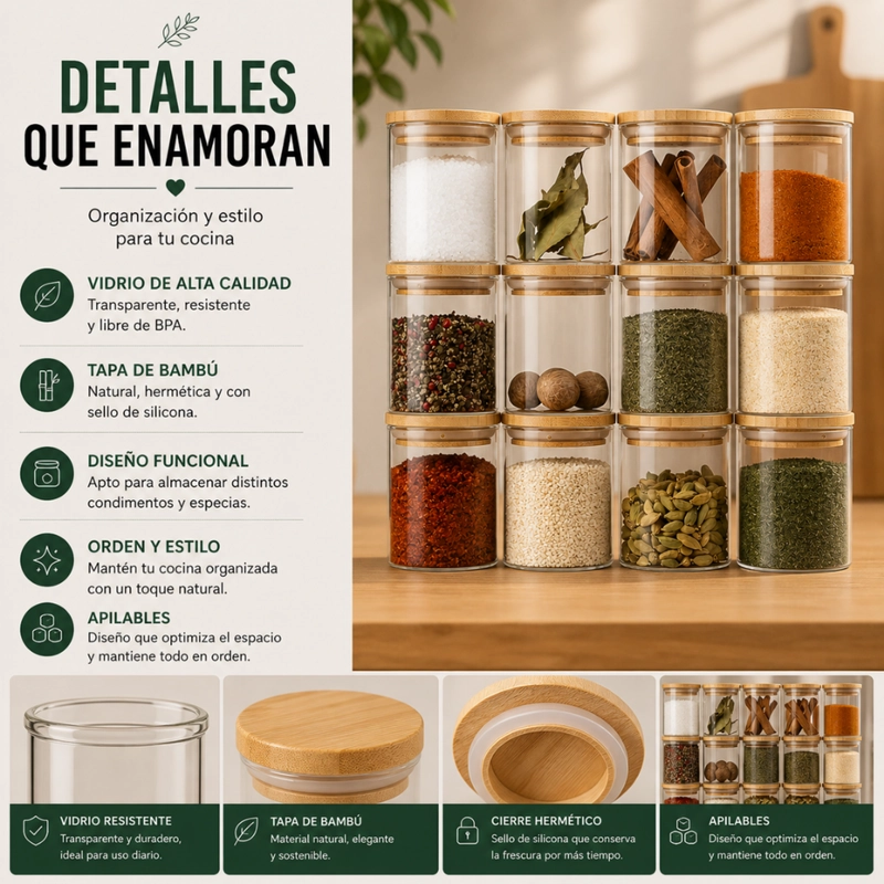 SET 12 FRASCOS DE ESPECIAS CONDIMENTOS CON TAPA BAMBU COCINA - 8