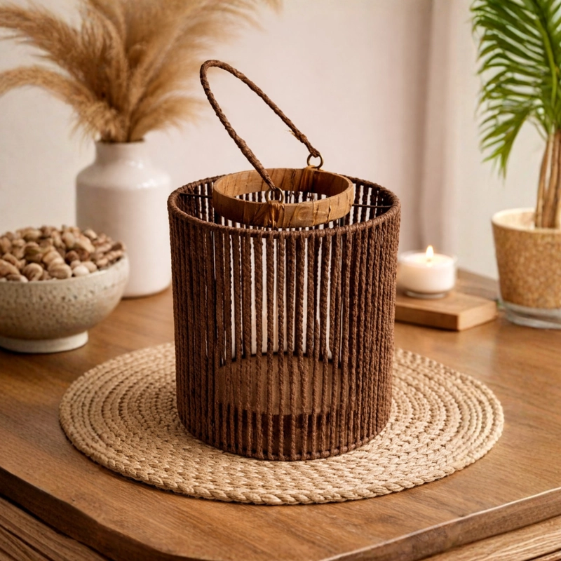 PORTAVELA FAROL DECORATIVO COLGANTE DE MIMBRE CON VASO VIDRIO - 3